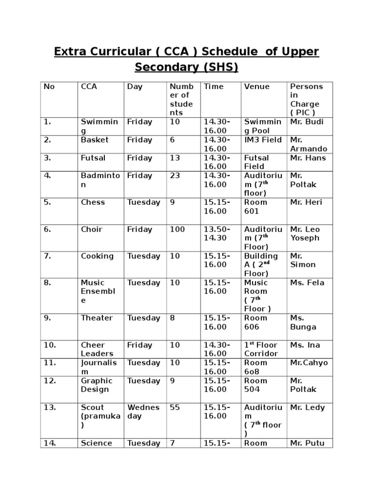 Upper Secondary CCA Schedule | PDF | Social Science | Art