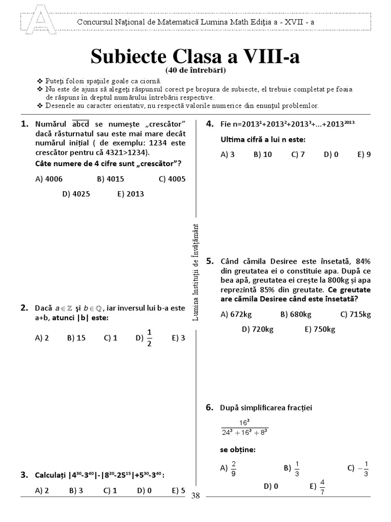 2013 Clasa A VIII-A Subiecte Matematica Lumina Math | PDF