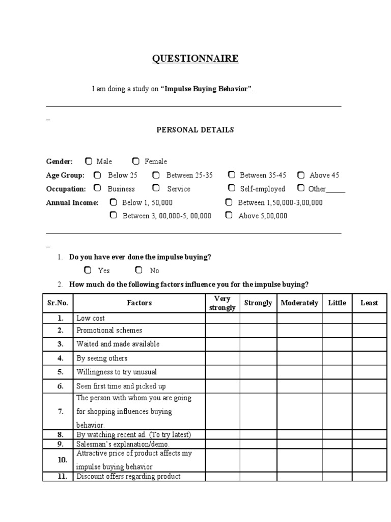 Impulse Buying Questionnaire | PDF