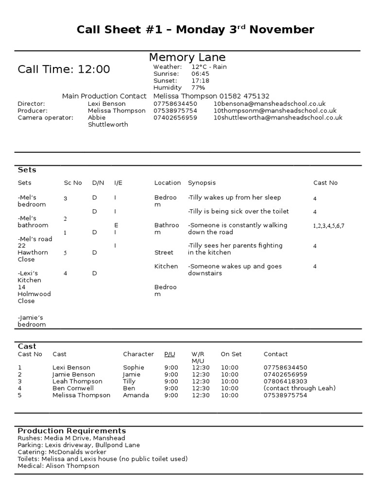 Call Sheet Template2 | PDF | Leisure