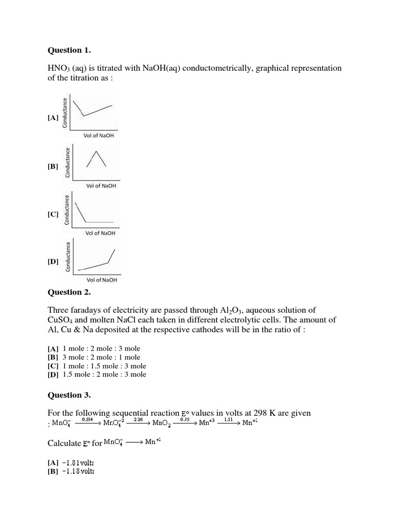 Conductivity, Electrochemistry, and Redox Reactions Multiple Choice