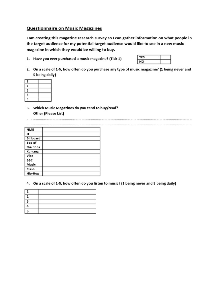 Music Magazine Audience Survey Questionnaire | PDF | Sports ...