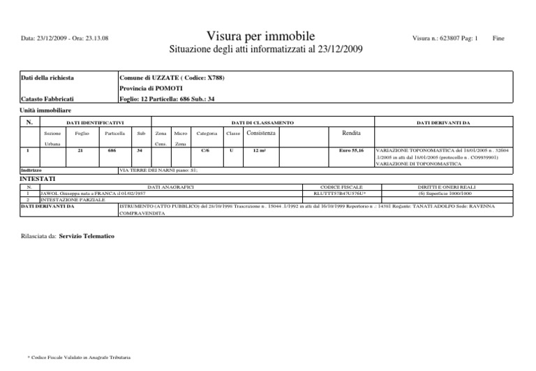 Esempio Visura Catastale