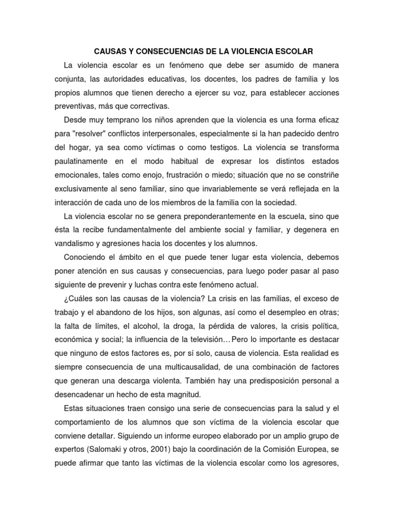 Causas y Consecuencias de la Violencia Escolar | PDF | Violencia ...