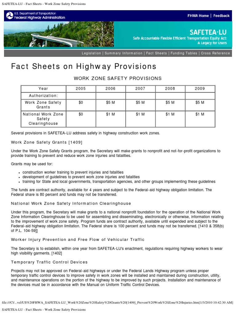 Us Fhwa SafeteaLu Work Zone Safety Grants (1409) Prevent Work Zone Injuries PDF