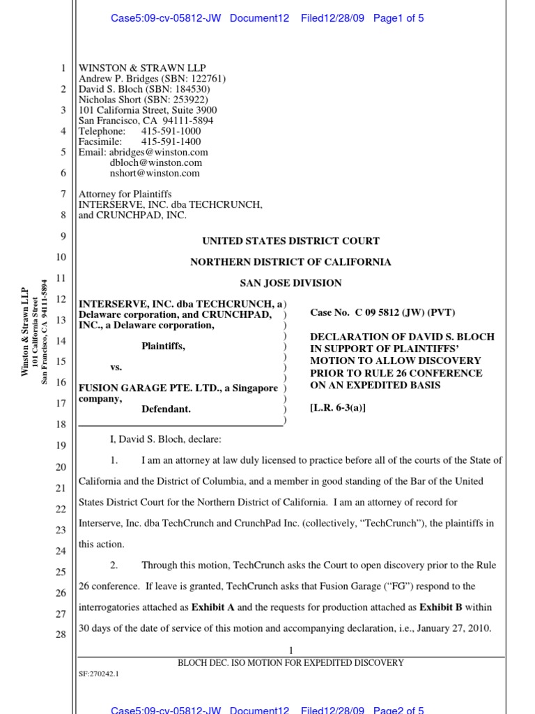Tech Crunch Declaration in Support of Motion For Expedited Discovery 12