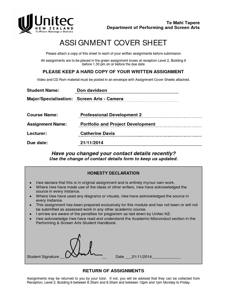 assignment cover sheet uc