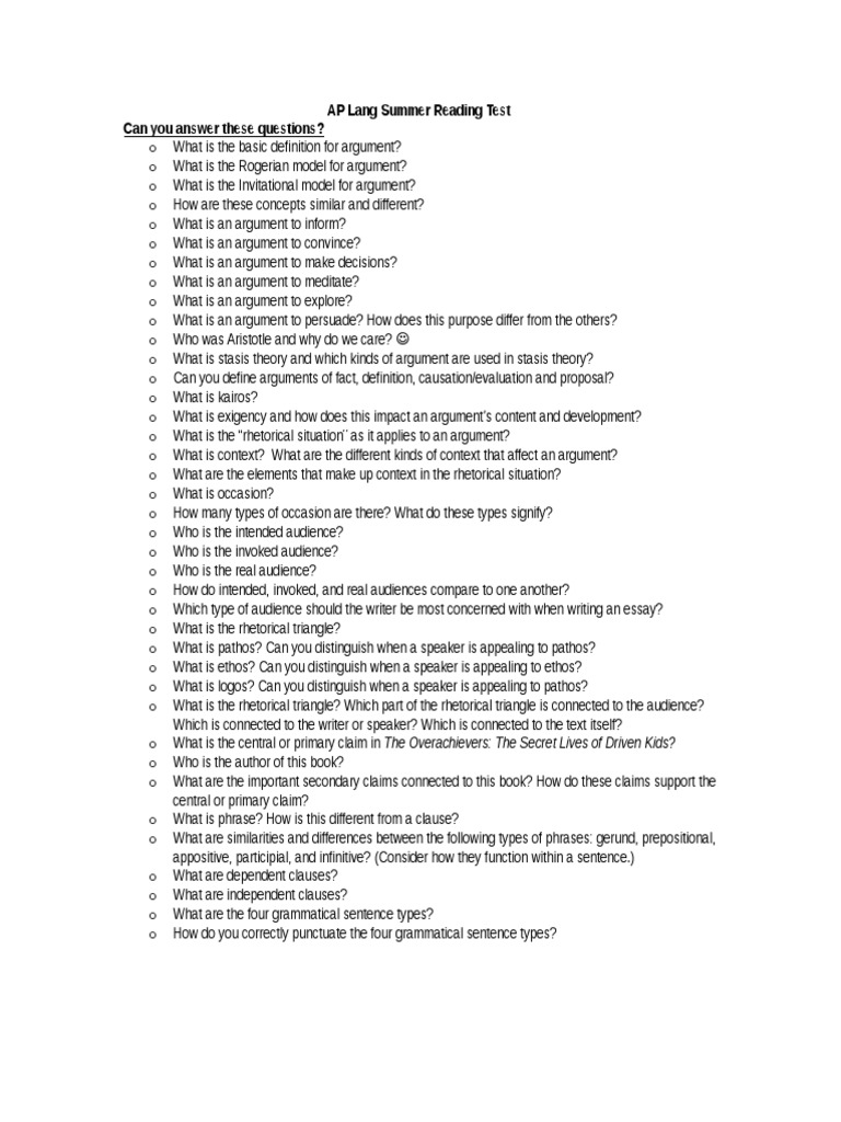 AP Lang Summer Reading Test Can You Answer These Questions? PDF