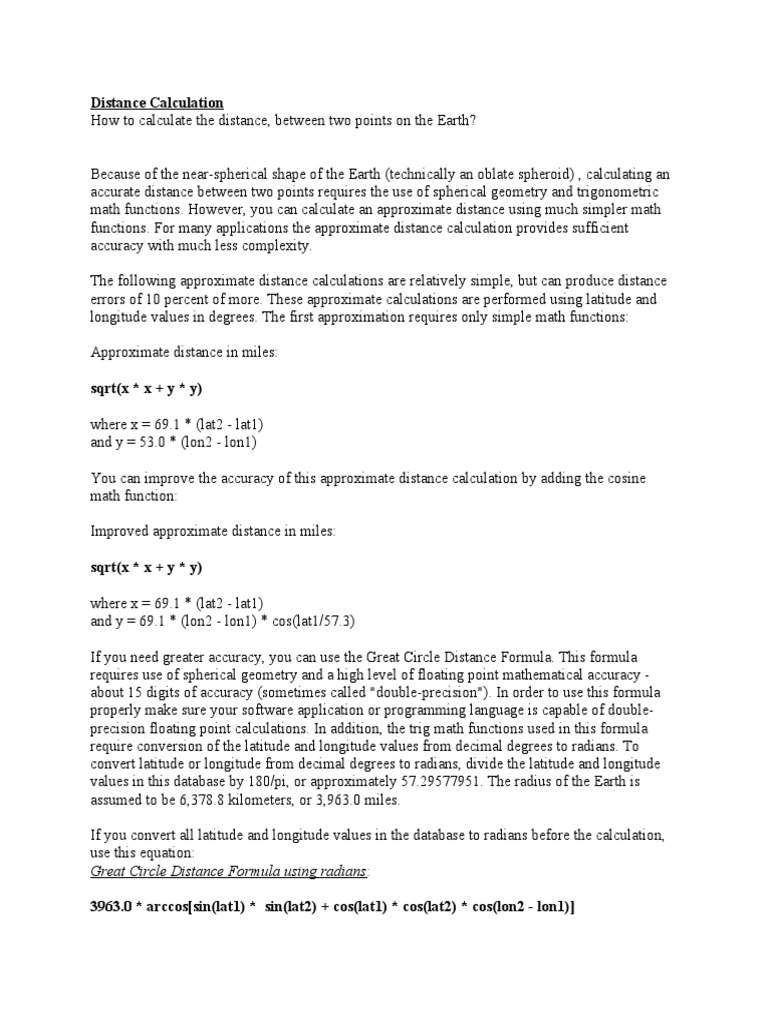Distance Calculation Between 2 Points On Earth | PDF | Sine ...