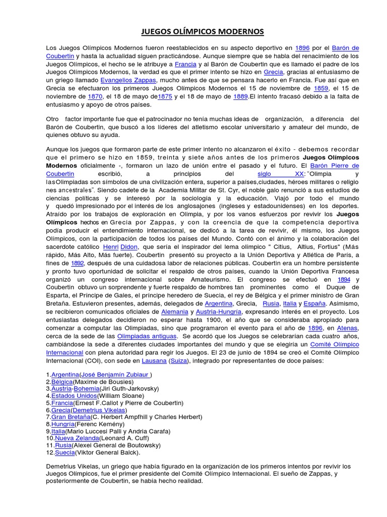 Historia de los Juegos Olímpicos Modernos | PDF | Juegos olímpicos | Grecia