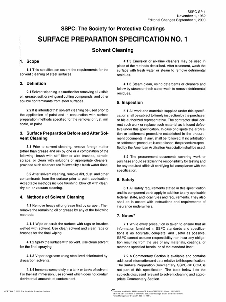 SSPC SP 1 Paint Specification (Technical Standard)