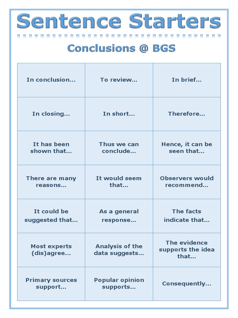 sentence starters for conclusion in essay