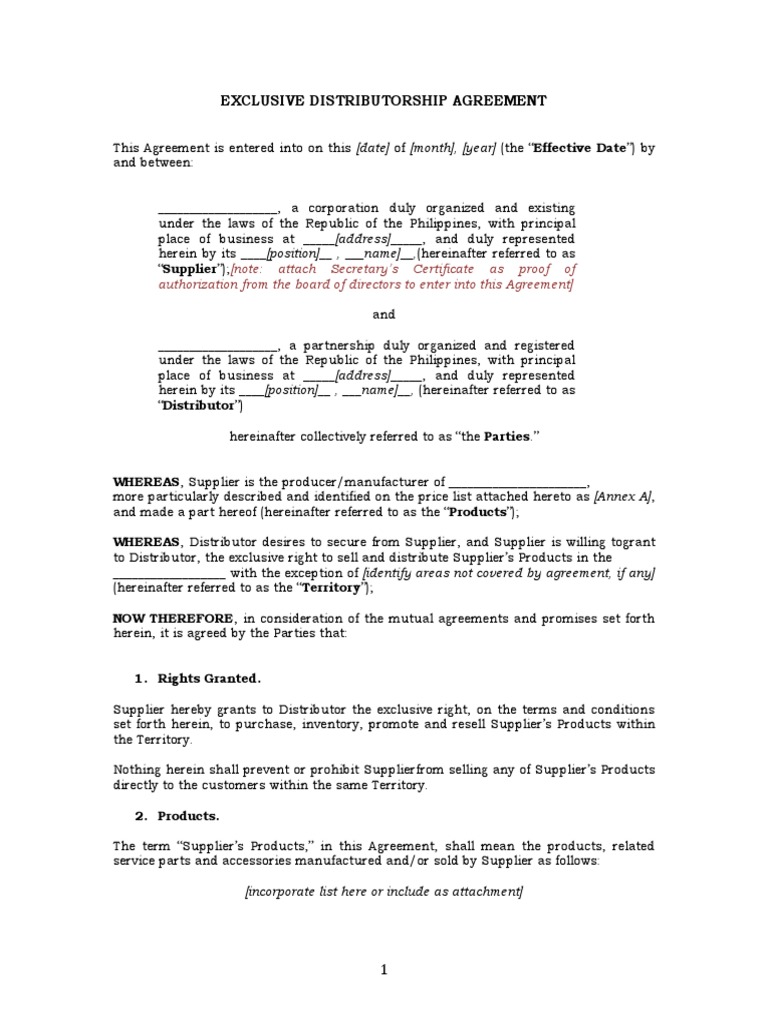 Exclusive Distributorship Agreement Contractual Term Sales