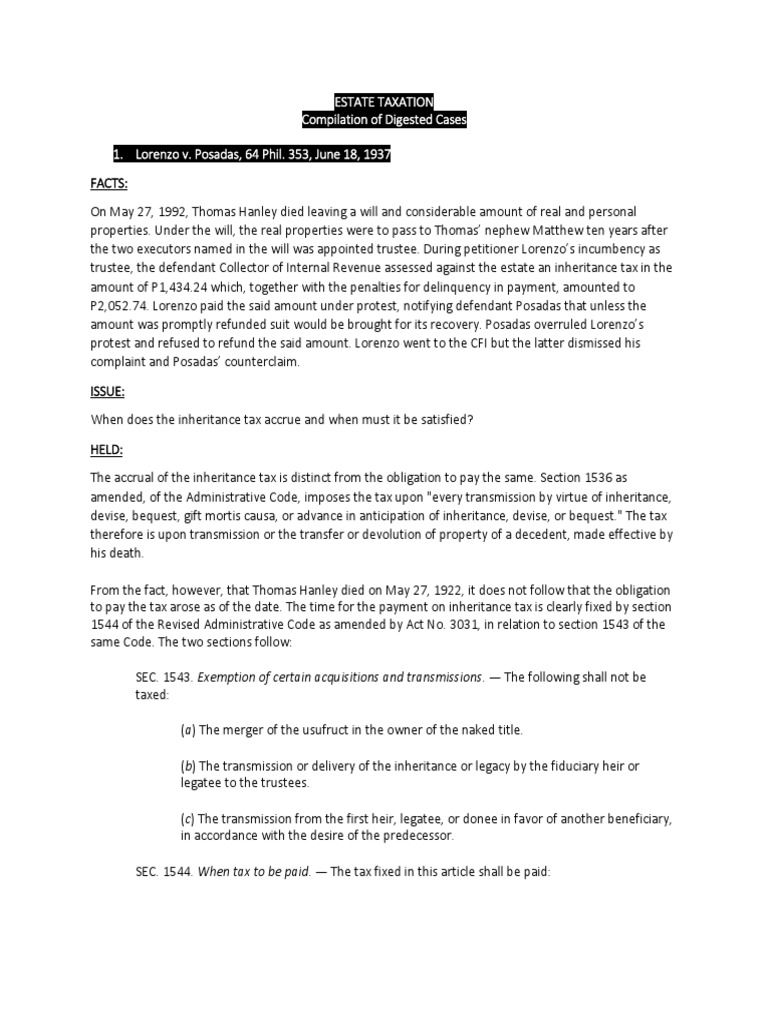 Estate Taxation Compiled Digests PDF Estate Tax In The United