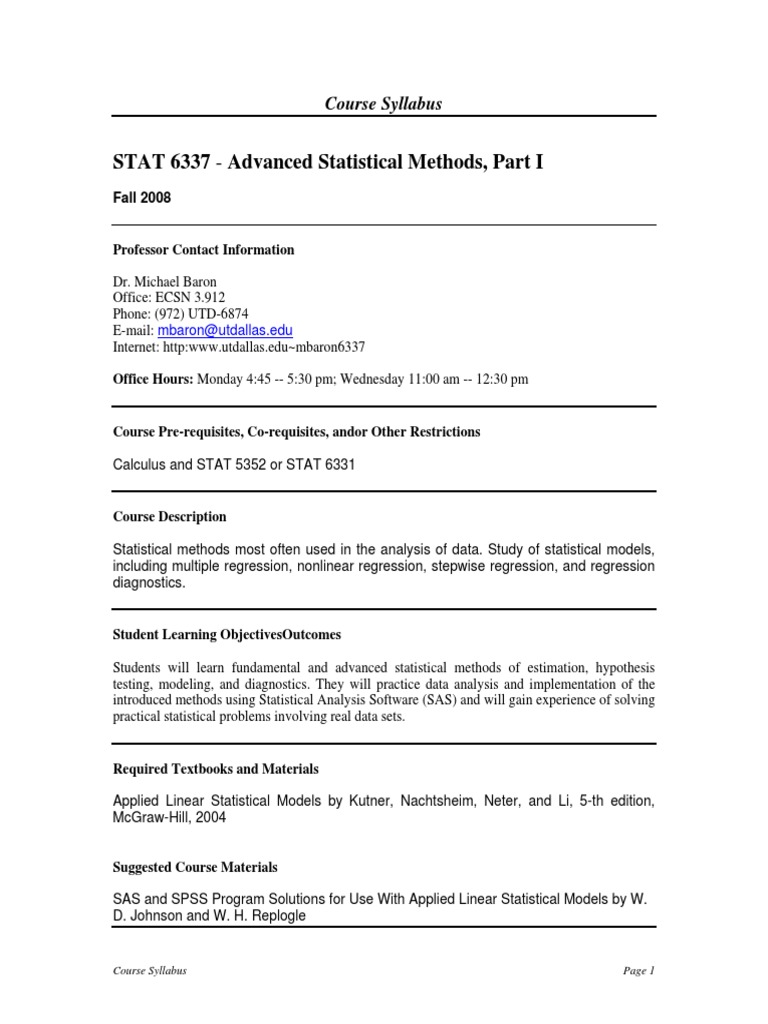 Advanced Statistical Methods Syllabus | PDF | Academic Dishonesty ...