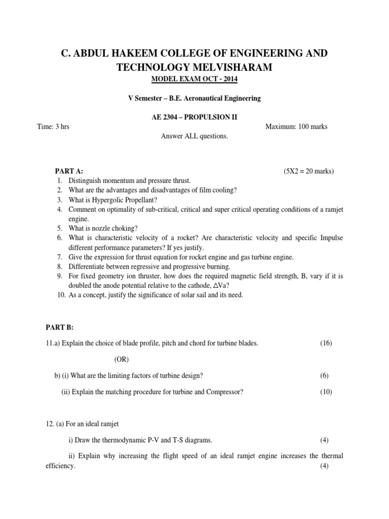 B.E. Aeronautical Engineering Exam 2014 | PDF | Rocket Engine | Rocket ...