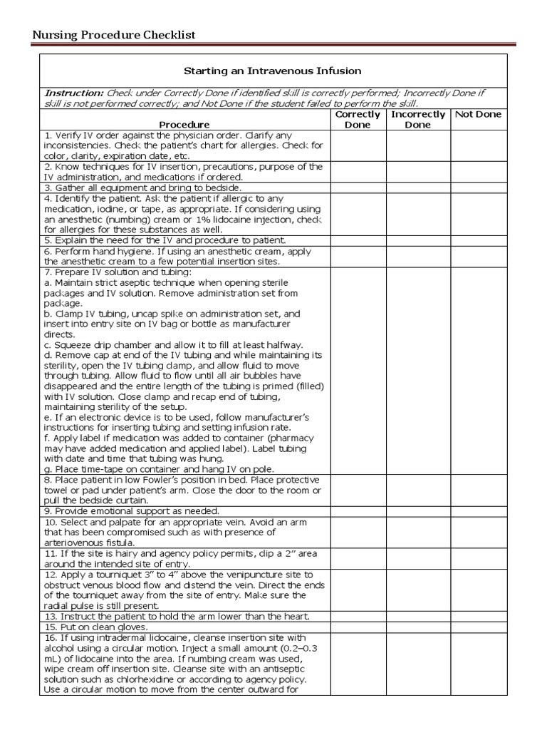 IV Infusion Procedure Checklist | PDF | Intravenous Therapy | Medicine