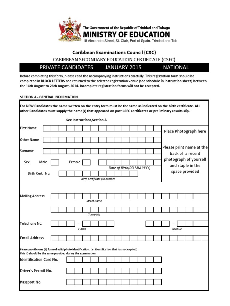 Registration Form for Private Candidates Sitting CSEC Examinations in ...