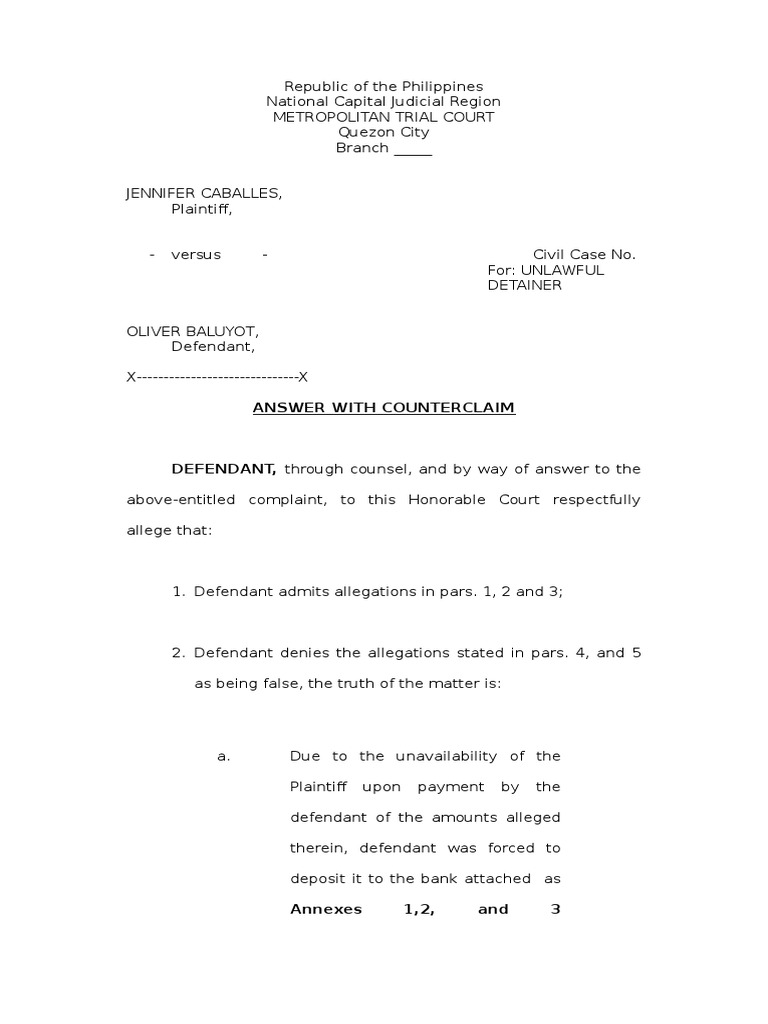 Answer with Counterclaim in Detainer Case | PDF | Lawsuit | Legal Concepts