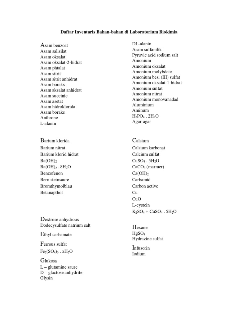 Daftar Inventaris Bahan Lab Biokim PDF | PDF