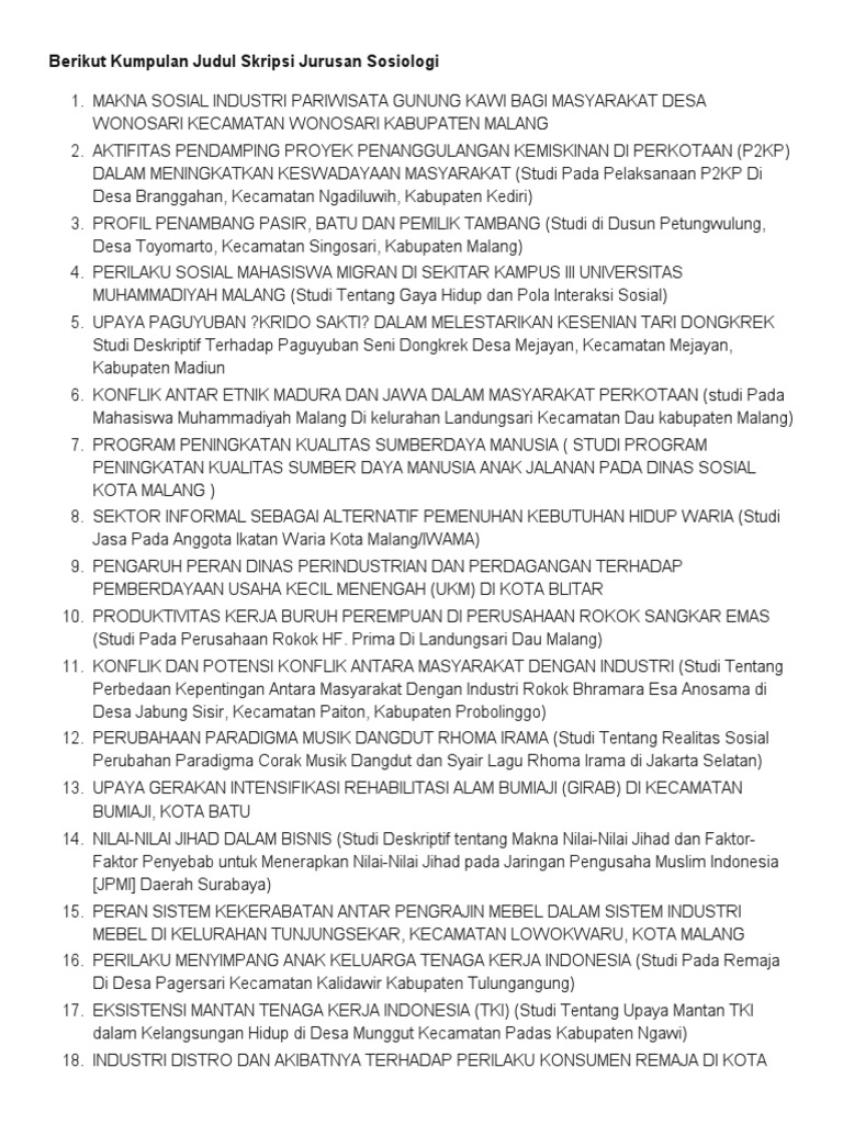 Kumpulan Judul Skripsi Jurusan Sosiologi