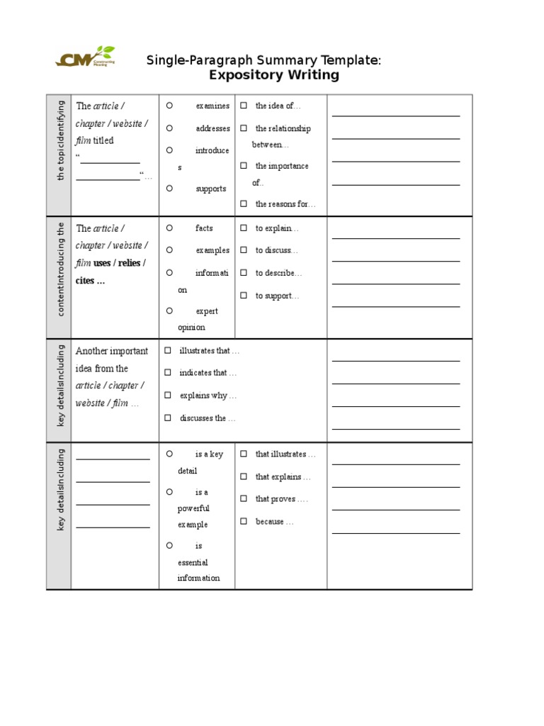 Single-Paragraph Summary Template:: Expository Writing | PDF