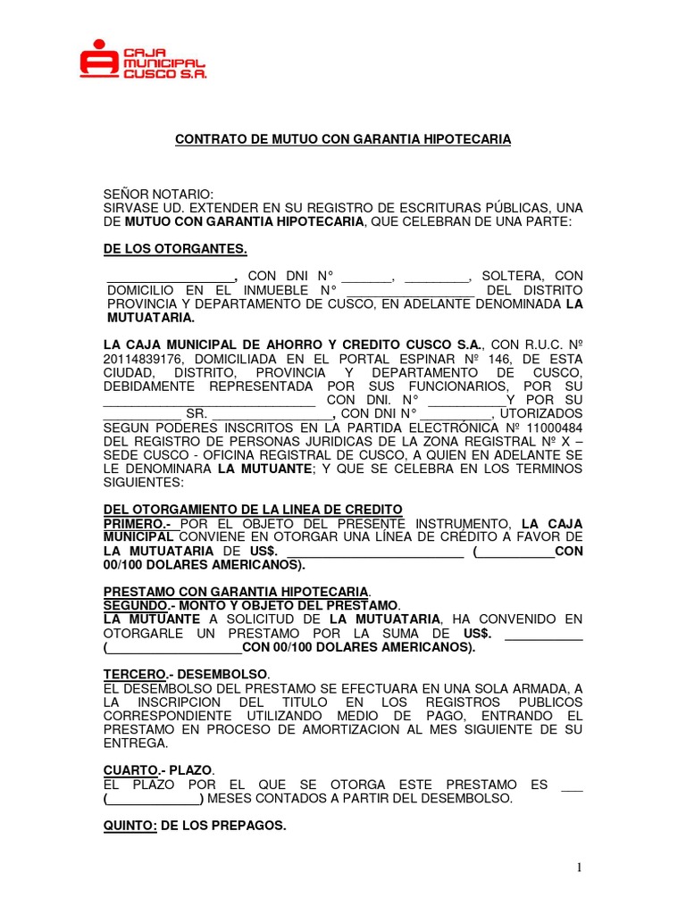 Contrato Mutuo Con Garantia Hipotecaria