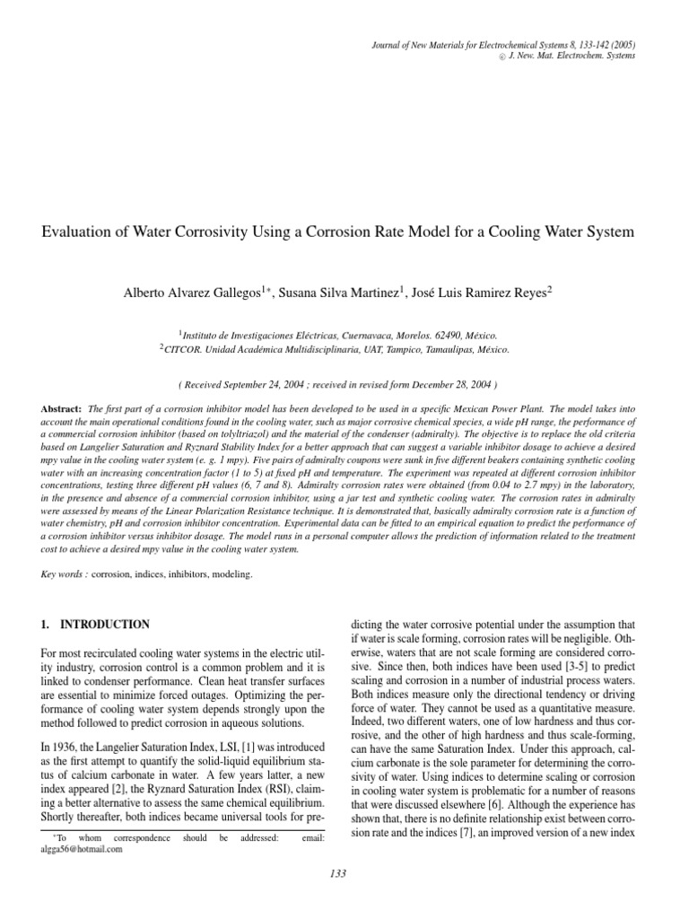 Evaluation of Water Corrosivity Using A Corrosion Rate Model For A ...