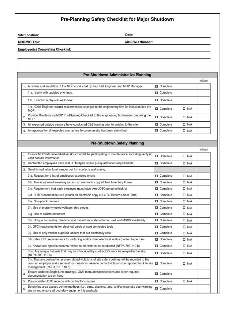 Pre-Shutdown Safety Planning Checklist | PDF | Personal Protective ...