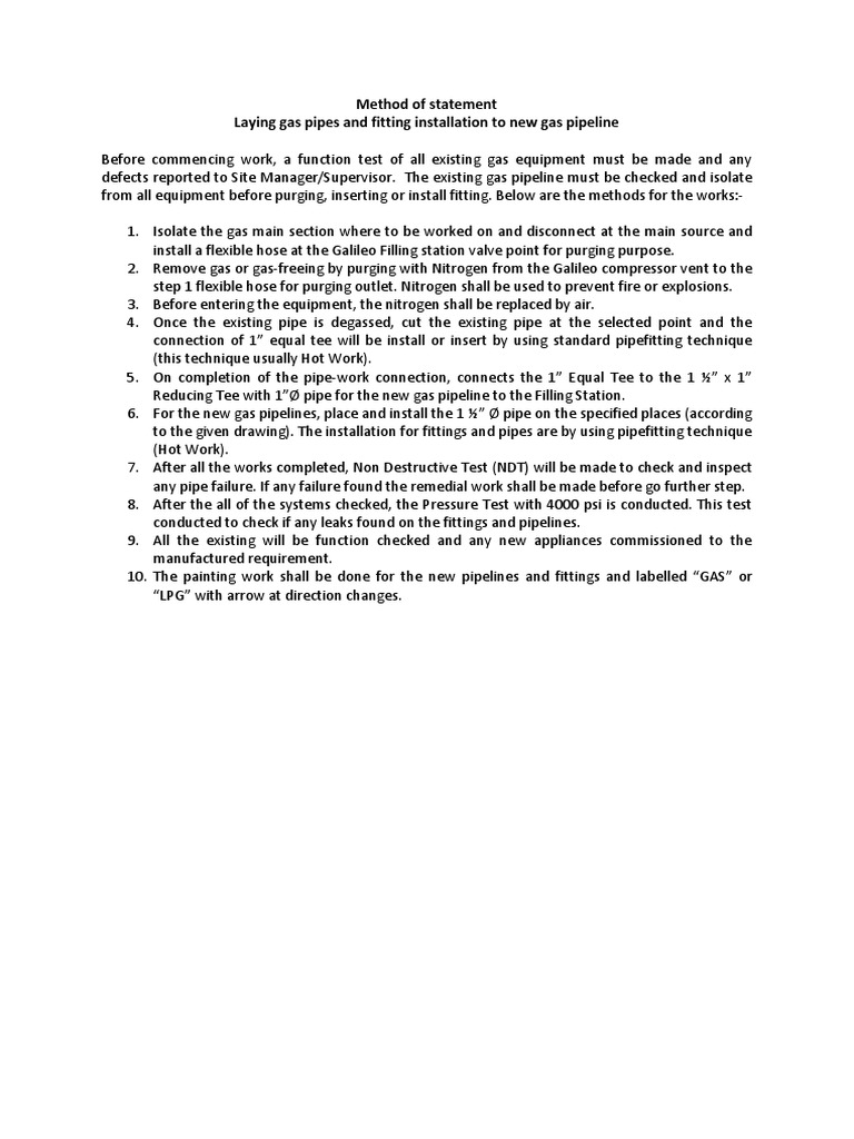 Gas Pipeline Installation Method Statement | PDF