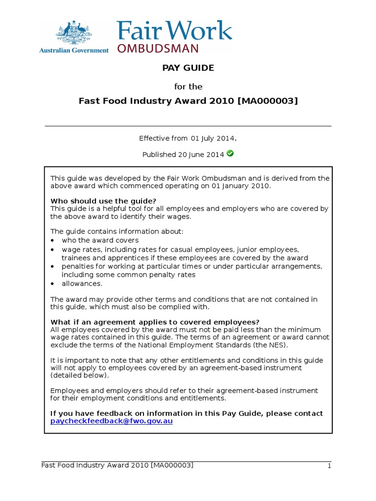 Fast Food Industry Award 2010 (MA000003) Pay Guide Overtime Part