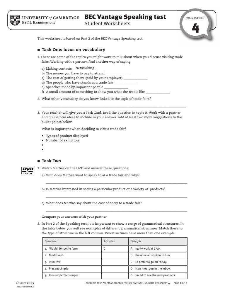 Bec Vantage Sample Worksheet | PDF