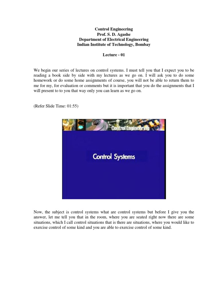 Control Engineering Prof. S. D. Agashe Department of Electrical ...