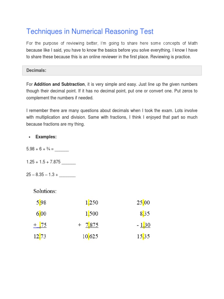 Techniques In Numerical Reasoning Test Pdf Fraction Mathematics
