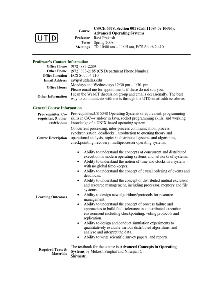 UT Dallas Syllabus For cs6378.001.08s Taught by Ravi Prakash (Ravip
