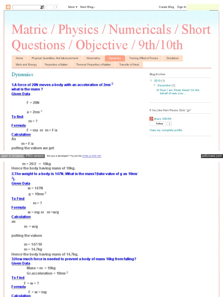 Physics Dynamics Numerical Solutions | PDF | Tension (Physics) | Force