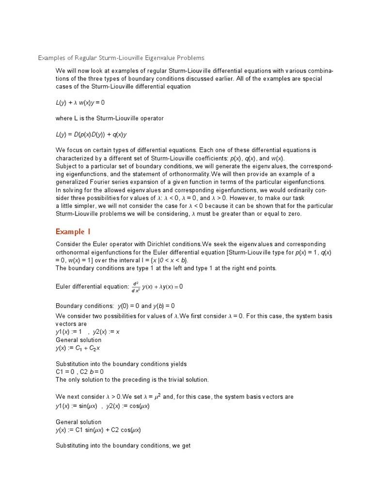 Examples of Regular SturmLiouville Eigenvalue Problems Example 1