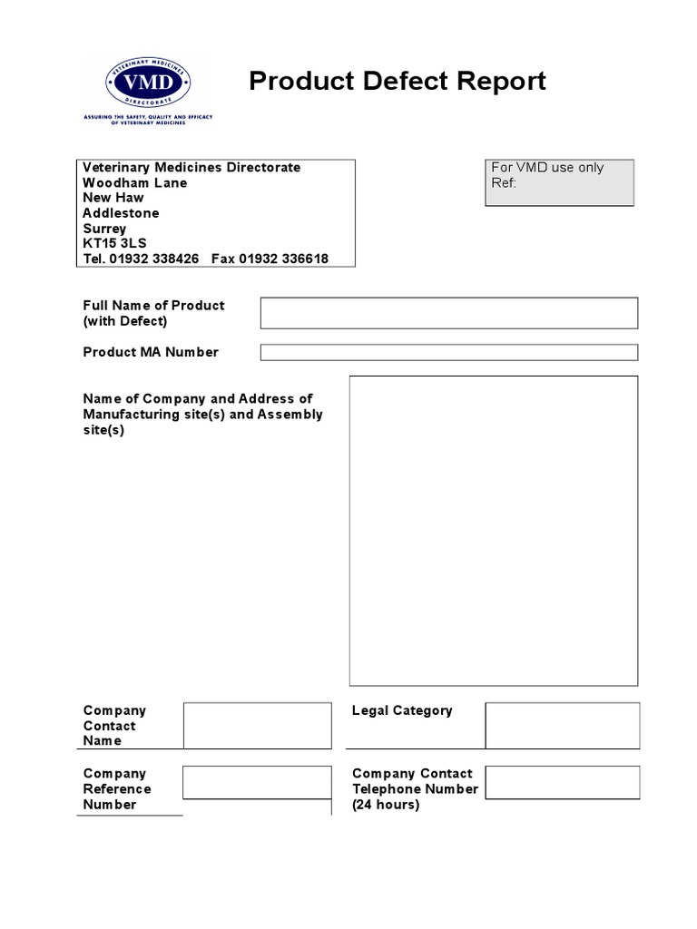 Veterinary Product Defect Report | PDF
