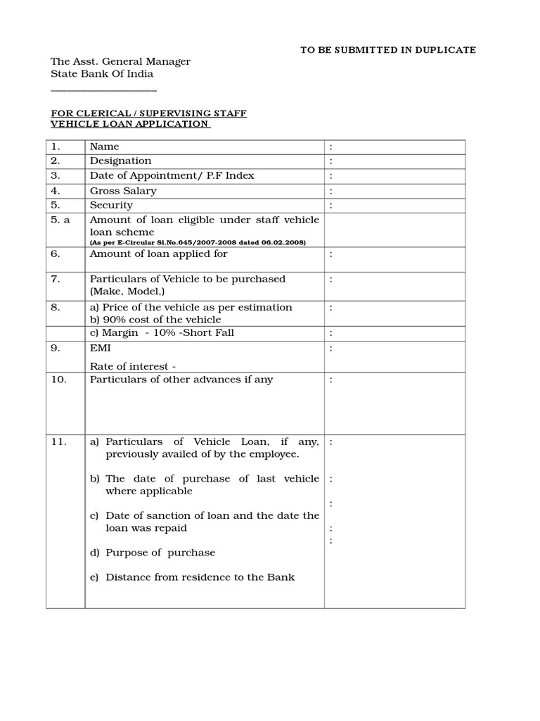 SBI Staff Vehicle Loan Application Form | PDF | Business | Finance ...