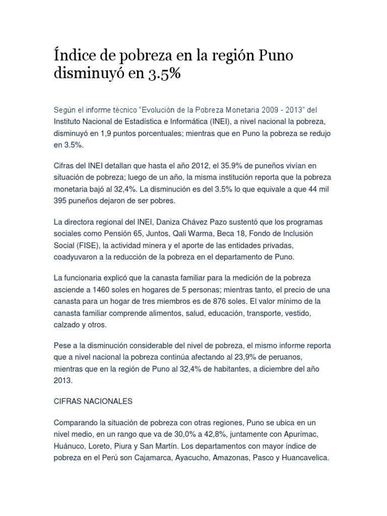 Índice de Pobreza en La Región Puno | PDF