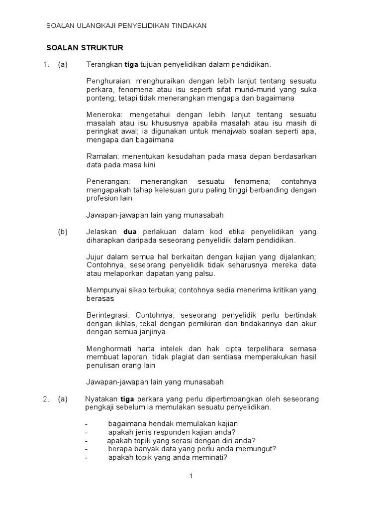 Soalan Struktur Soalan Ulangkaji Penyelidikan Tindakan Pdf