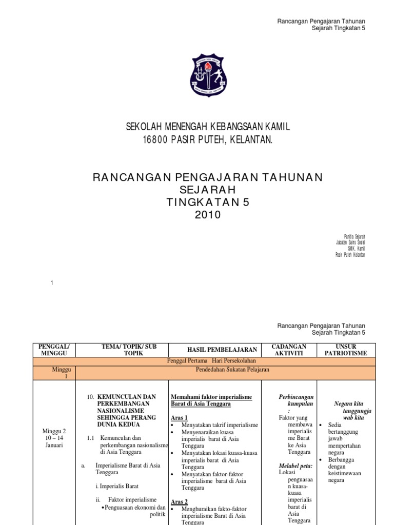 Rancangan Pengajaran Tahunan Sejarah Tingkatan 5 Pdf