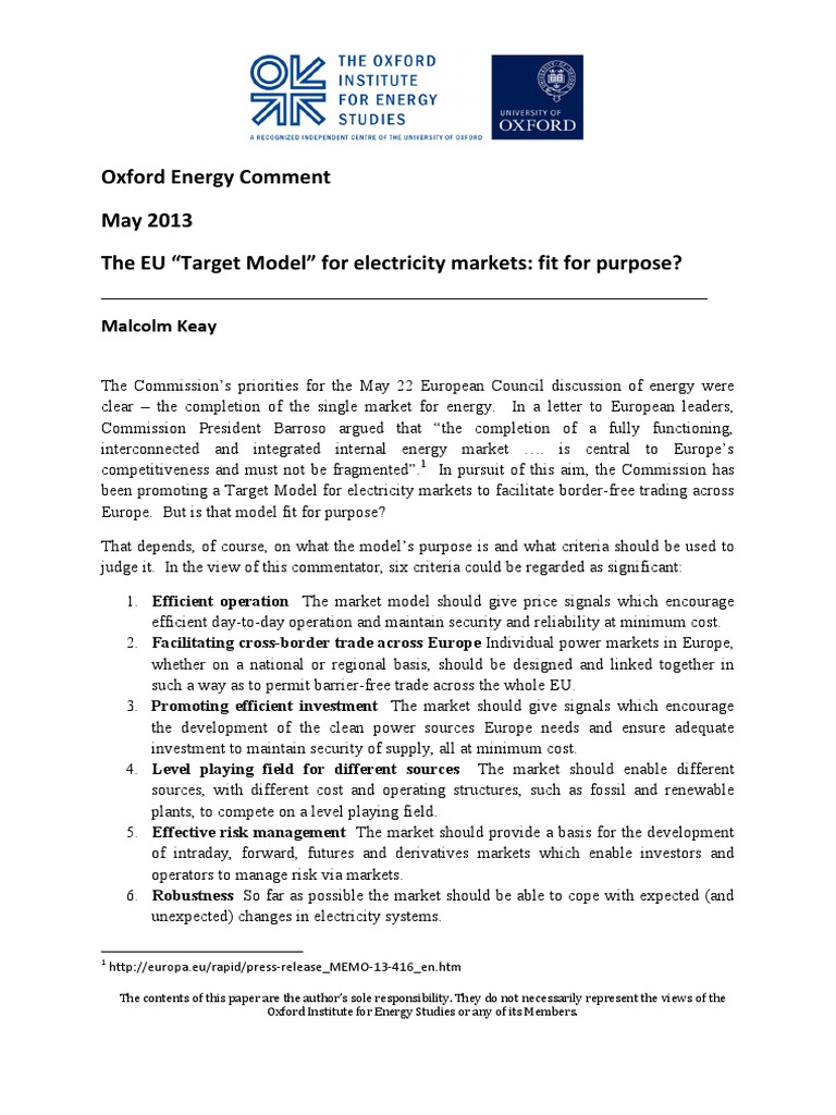 The EU Target Model For Electricity Markets - Fit For Purpose | PDF ...