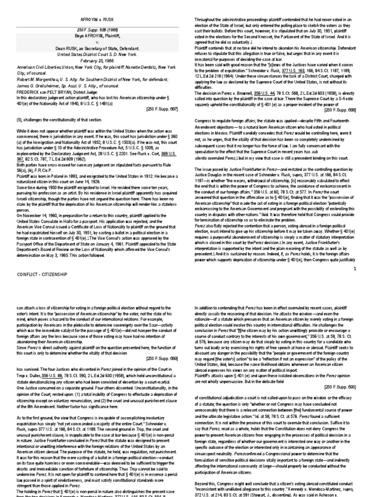 Beys AFROYIM, Plaintiff, v. Dean RUSK, As Secretary of State, Defendant ...