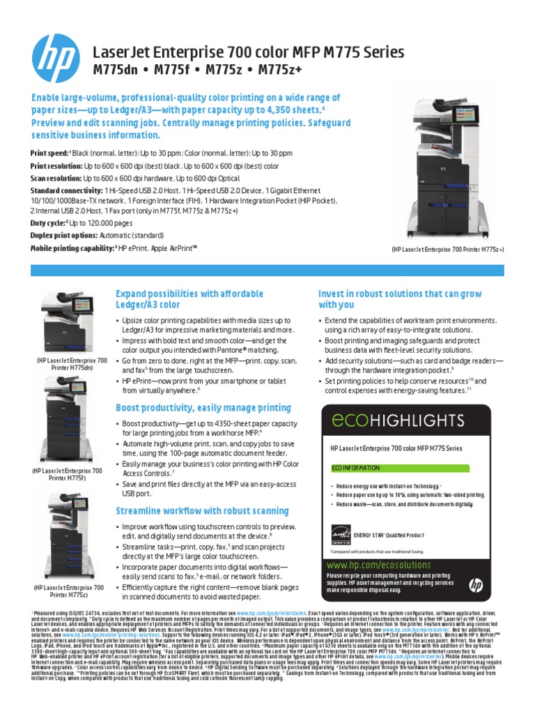 HP LaserJet Enterprise 700 Color MFP M775 Series | PDF | Printer ...