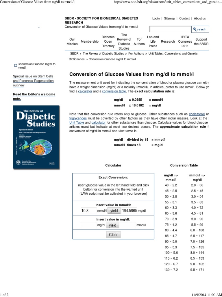 Conversion of Glucose Values From MG - DL To Mmol - L | PDF