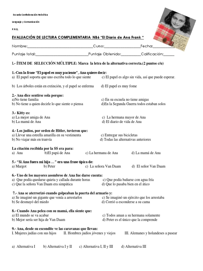 Comprensión Lectora El Diario de Ana Frank nazismo