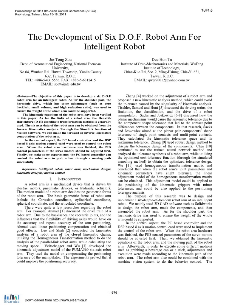 The Development of Six D.O.F. Robot Arm For Intelligent Robot | PDF ...