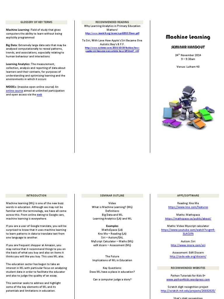 Machine Learning in Education Seminar | PDF | Analytics | Machine Learning