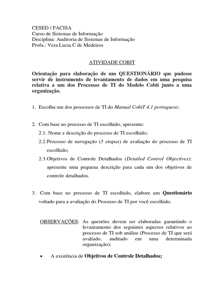 Questionário para Auditoria COBIT em TI | PDF | Cobit | Tecnologia da ...
